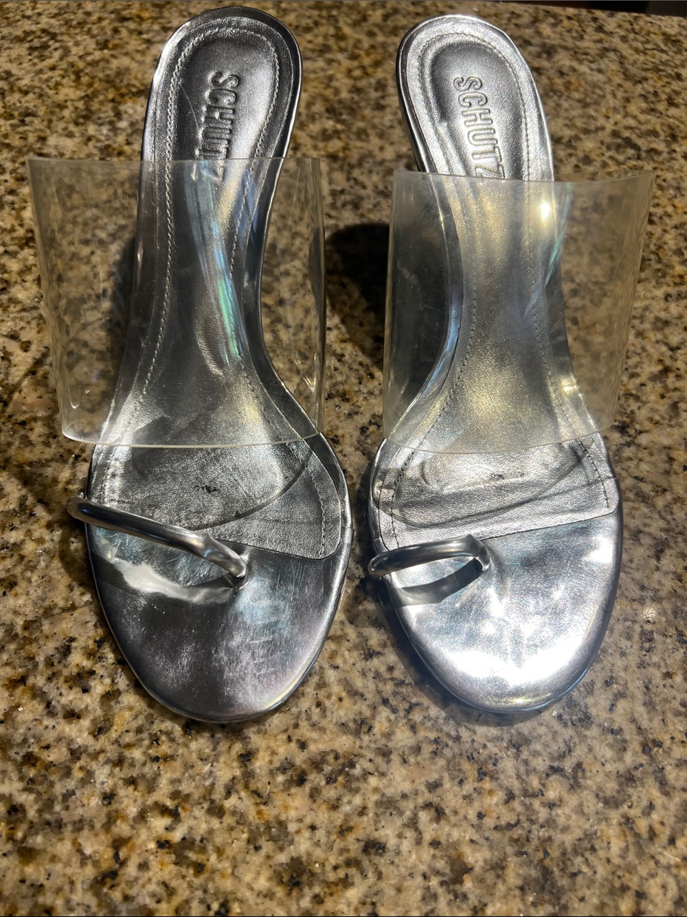 SCHUTZ Silver Clear PVC Toe-Ring Heels